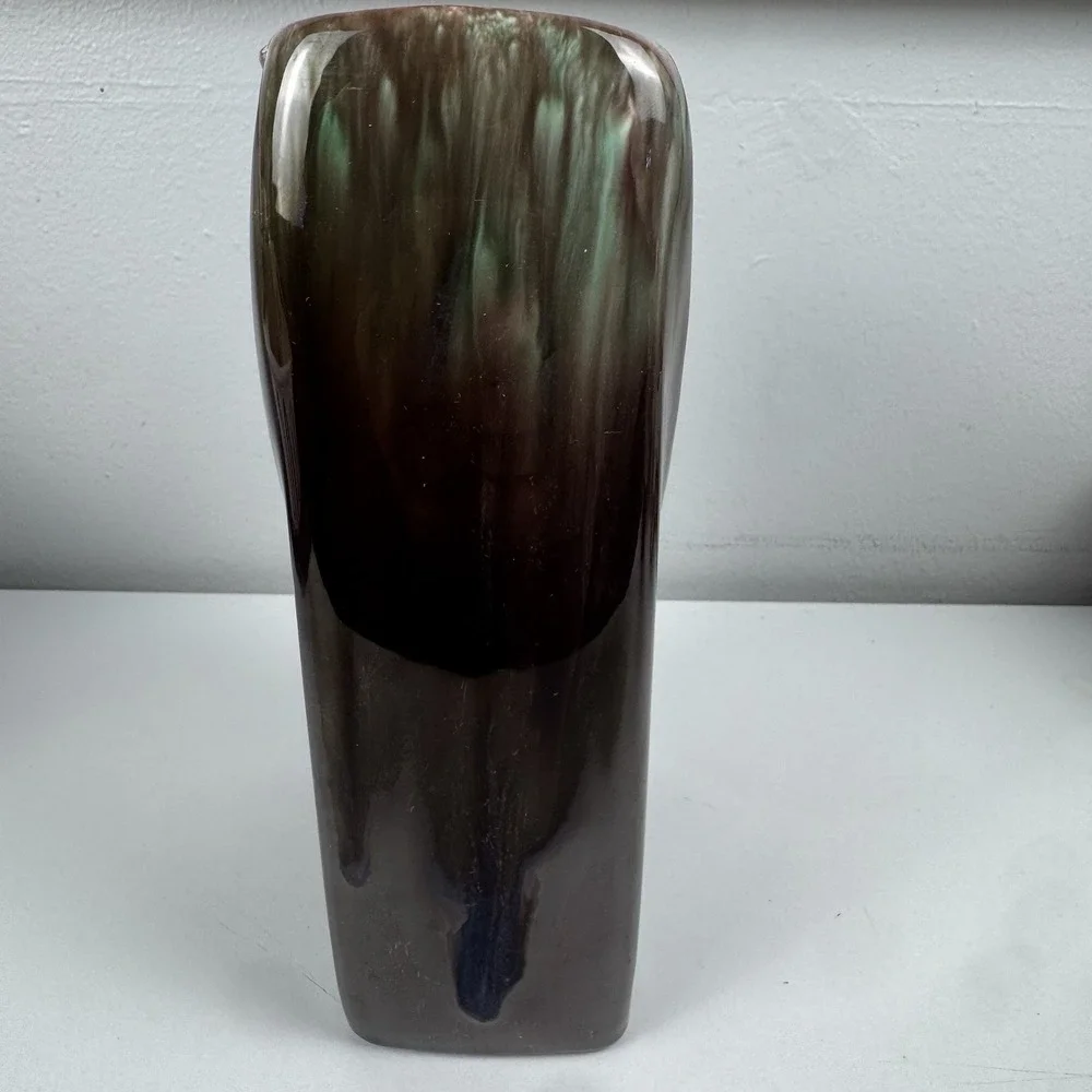 VTG Royal Haeger USA Pottery R651 Green Brown‎ Tulip Rectangle Drip Glaze Vase